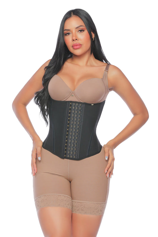 - Cinturilla SMI2027 con efecto reloj de arena y ajuste de 4 niveles
- Vista frontal de cinturilla moldeadora con doble refuerzo y varillas
- Detalle de placa decorativa y costuras reforzadas en la SMI2027