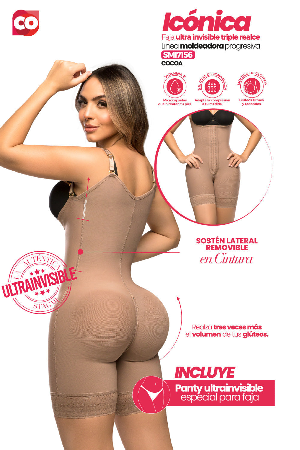 '- Faja SMI7156 ICÓNICA media pierna con efecto lifting y soporte removible
- Detalle de tirantes graduables y triple abrochadura en la faja ICÓNICA
- Vista posterior de compresión progresiva y panty Ultrainvisible incluido