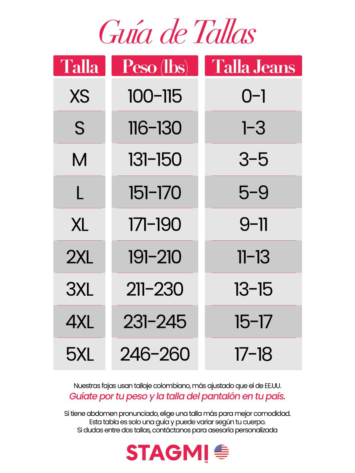 Tabla de medidas - Stagmi